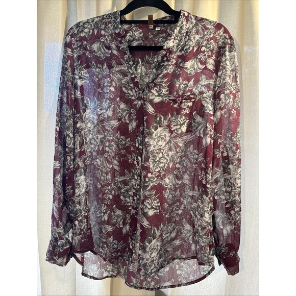 Kut from the Kloth Tops - Kut From The‎ Kloth Womens Burgundy Grey Floral Sheer Button Down Shirt L